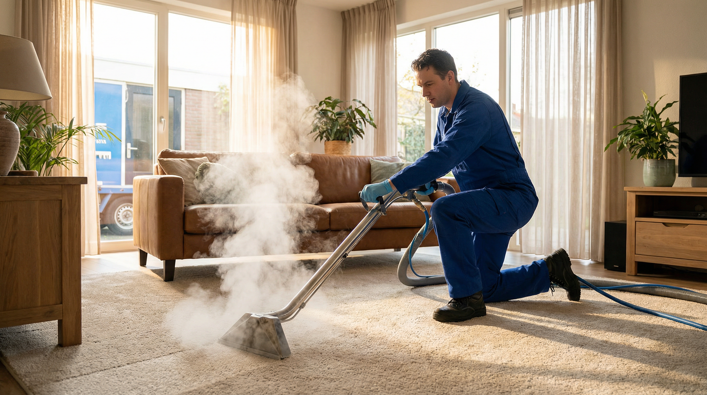 Professional steam cleaning in action with visible steam
