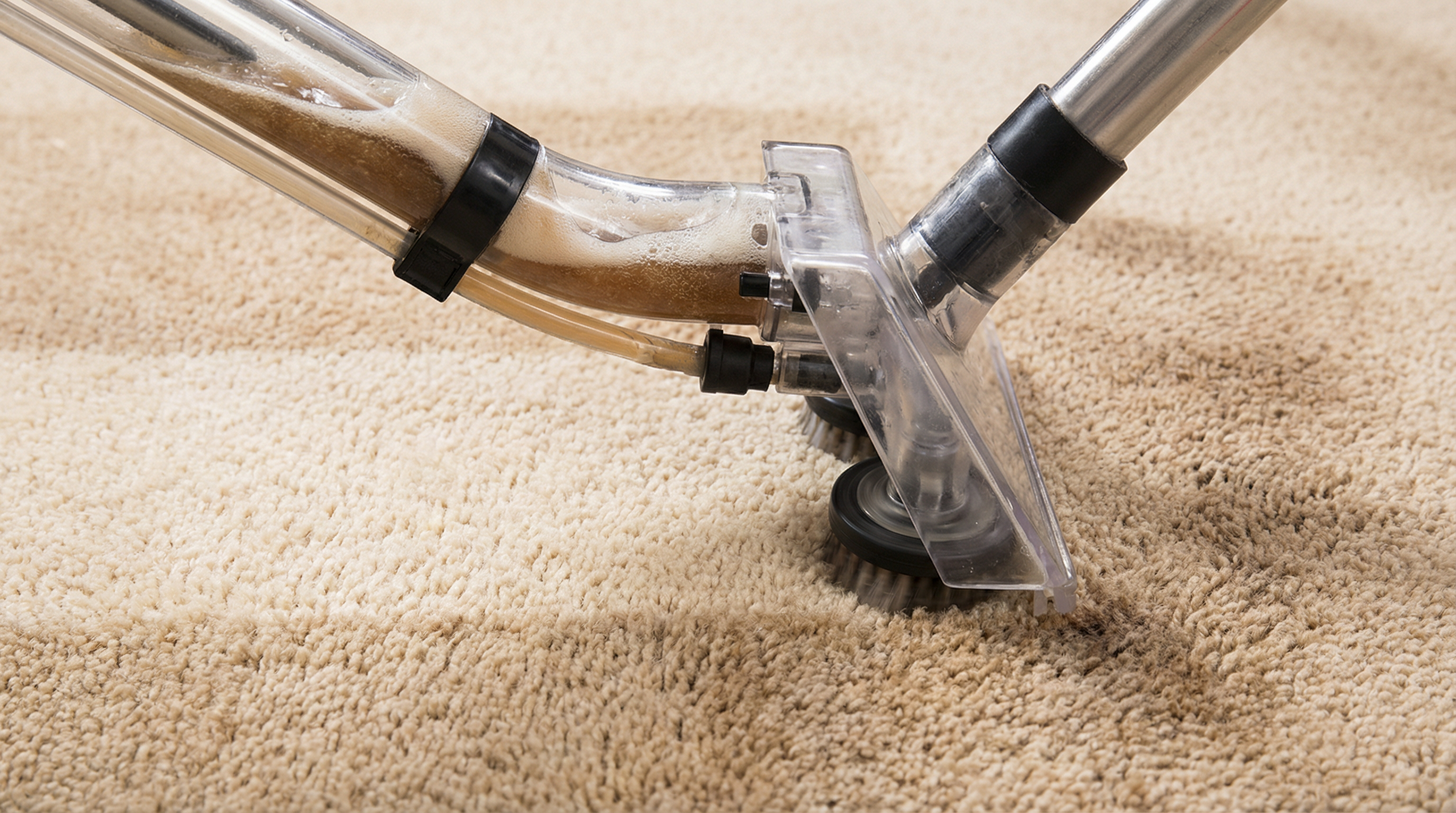 Close-up of carpet cleaning equipment showing before and after